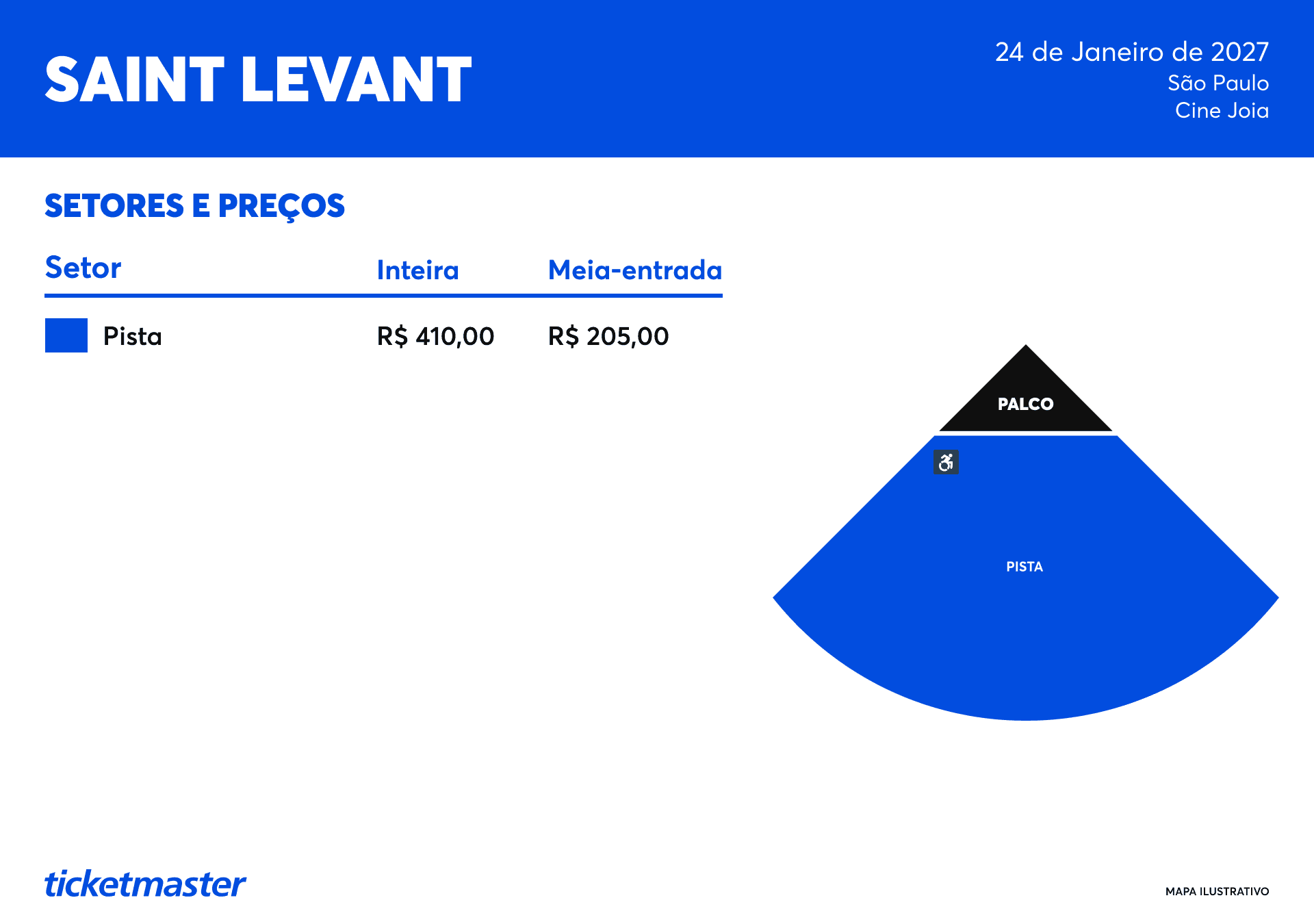 Mapa de setores do Cine Joia para o show do Saint Levant — 24 de janeiro de 2027, São Paulo